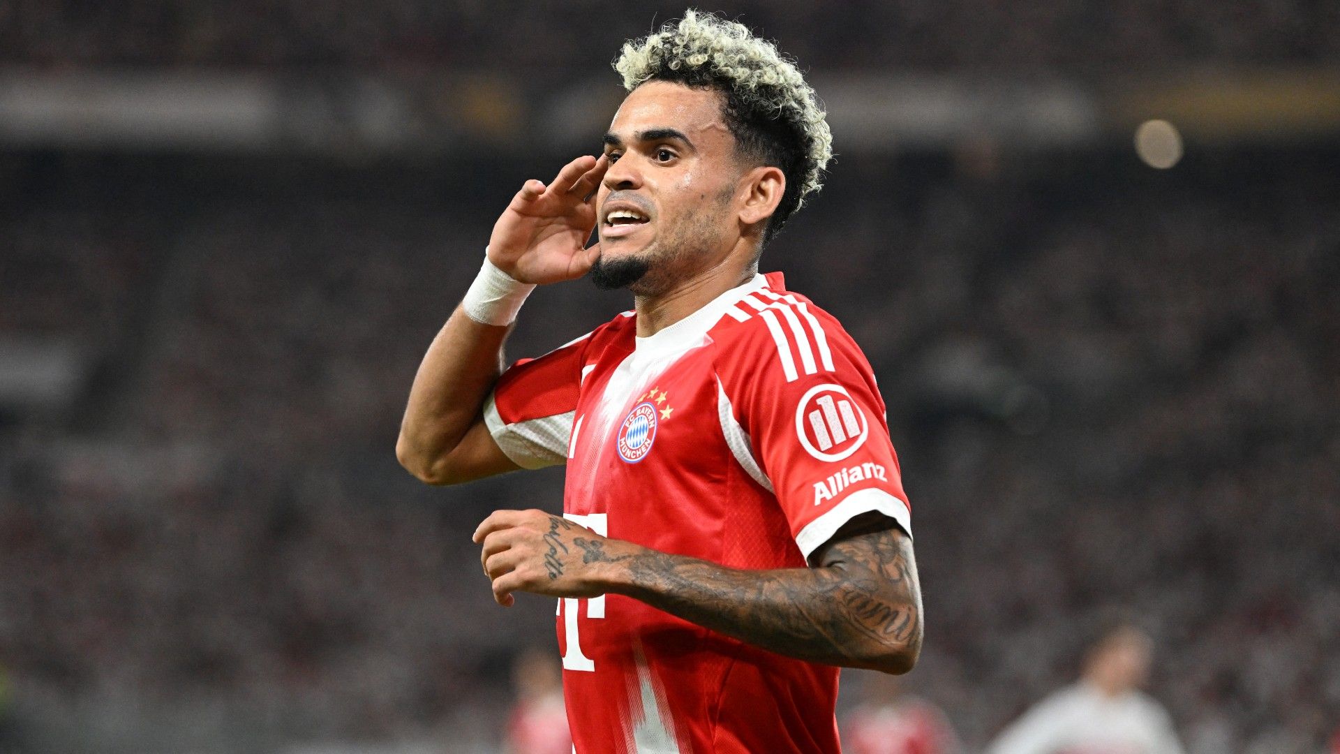 Luis Diaz celebrating a goal at Bayern Munich